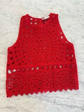 Mango Crochet Lace Tank Top - Red